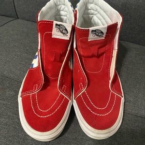 Red, White, and Blue Checker Board Vans, Men size 7, Woman size 8.5